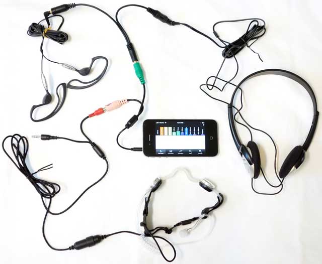 MPiStutter with Iasus NT3 throat microphone, Sony binaural (two ear) earphones, and headphones for speech-language pathologist
